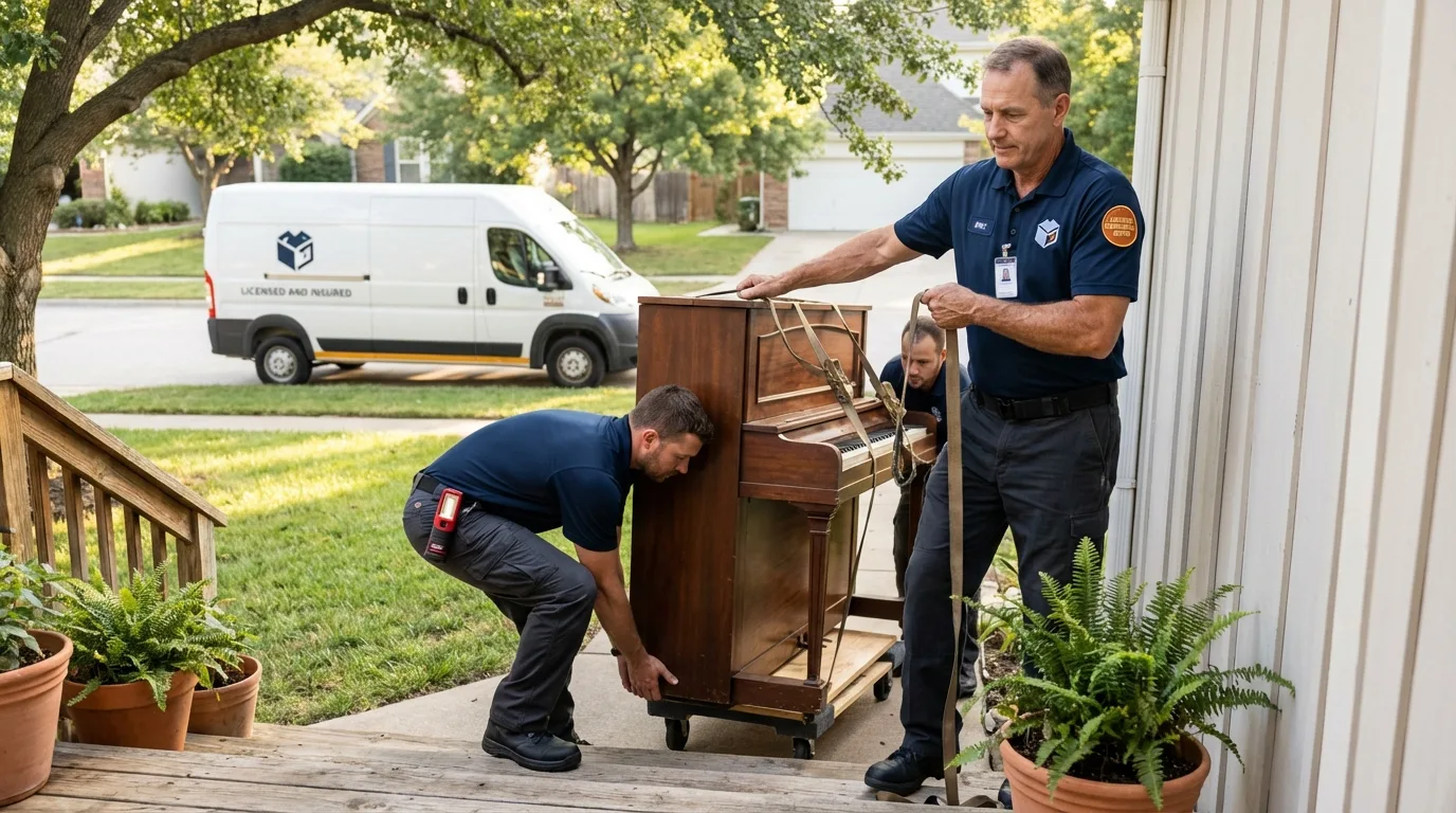 Licensed piano movers securing grand piano in Martinsville, IL