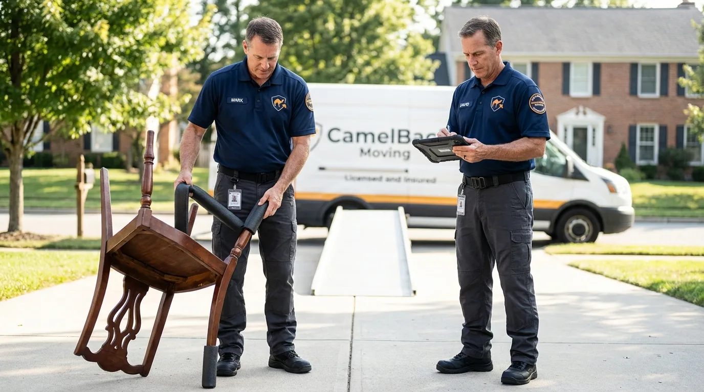 Movers inspecting furniture for damage prevention before loading in Martinsville, IL