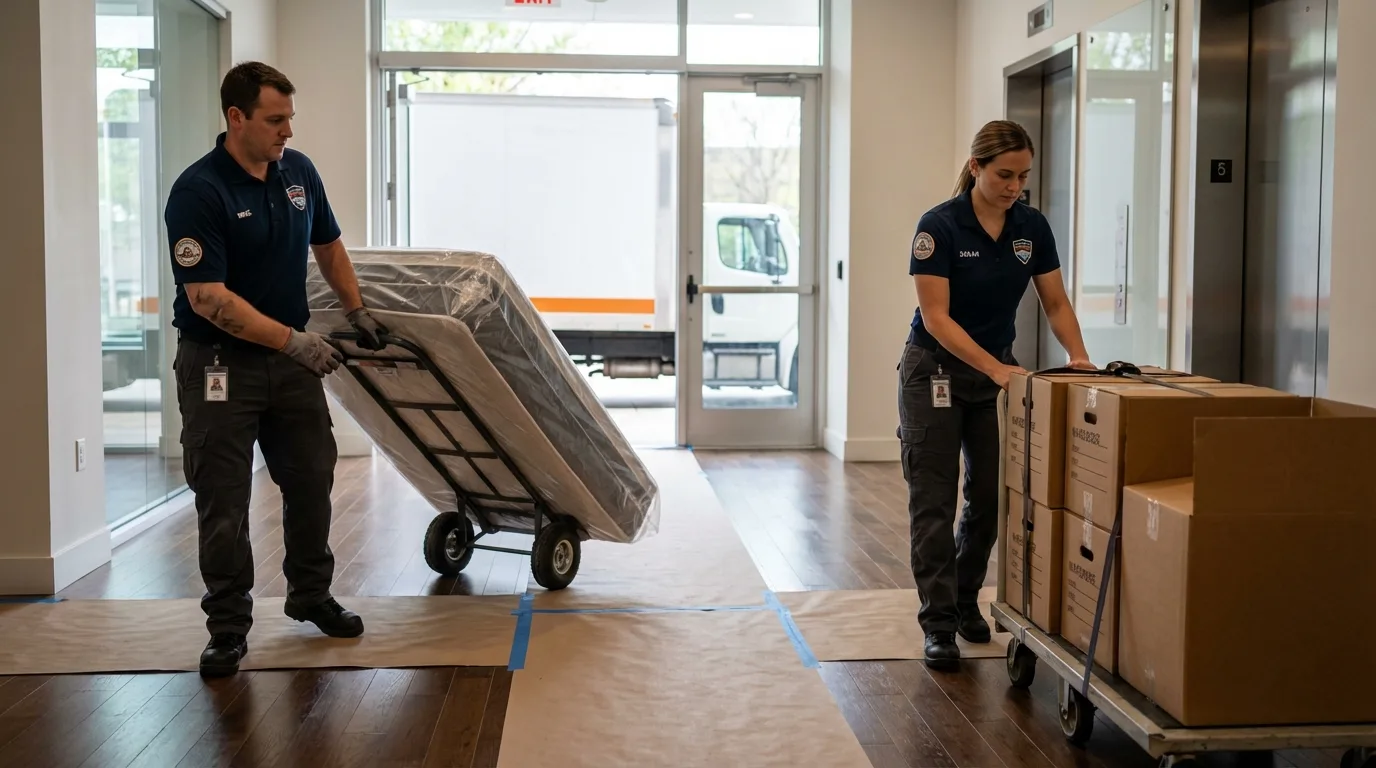 Professional apartment movers loading elevator in Martinsville, IL